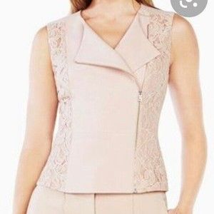 BCBGMAXAZRIA XS Carrie Lace Peplum Biker Vest  Blush Pink Side Zip-Up